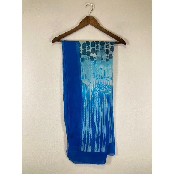 Coastal Aesthetic Women OS Blue Geometric Abstract Sheer Scarf Wrap - Picture 3 of 5